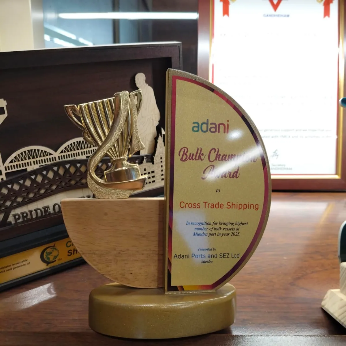 Adani Bulk Champion Award trophy presented by Adani Ports and SEZ Ltd, Mundra