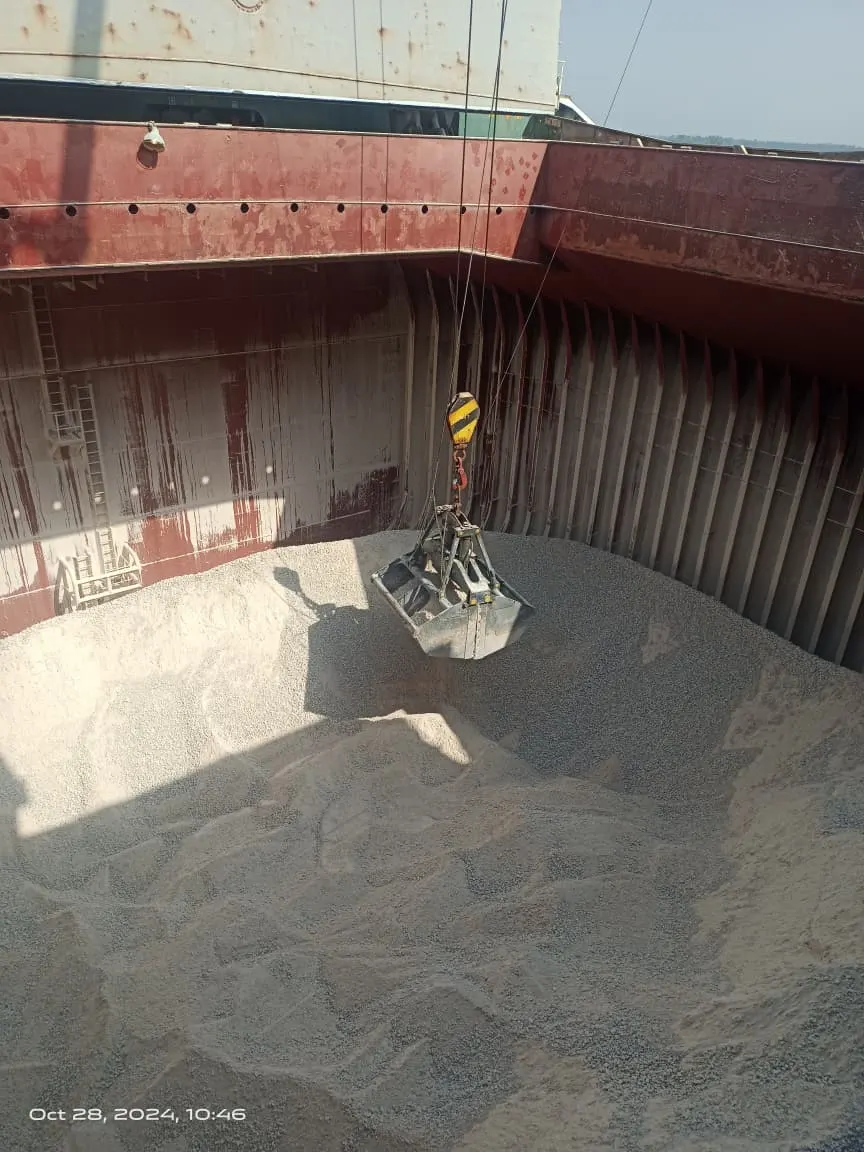 Bulk salt discharged onto the quay for inland dispatch